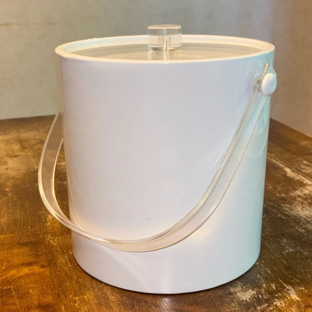 Vintage White Vinyl Ice Bucket with Lucite Handle and Lid